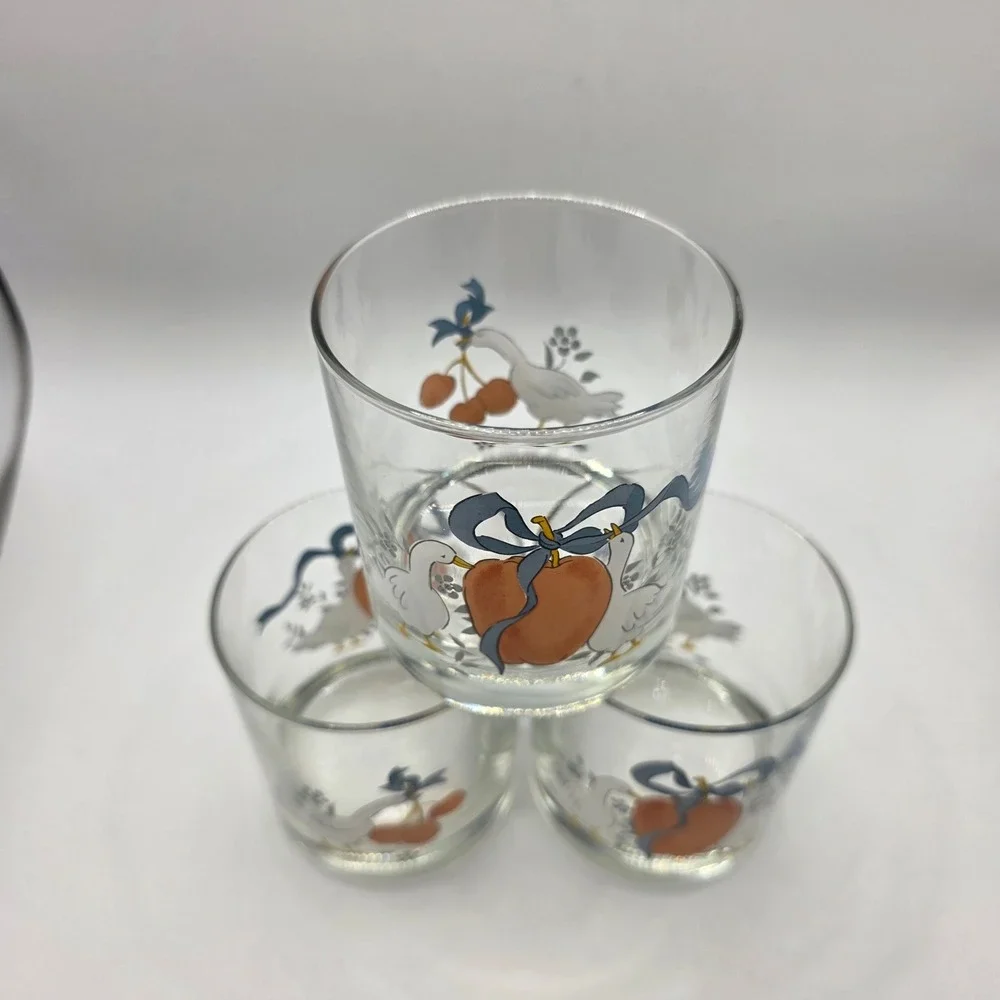 3 Vintage International China Marmalade Goose Peach Cherry Lowball Rocks Glasses